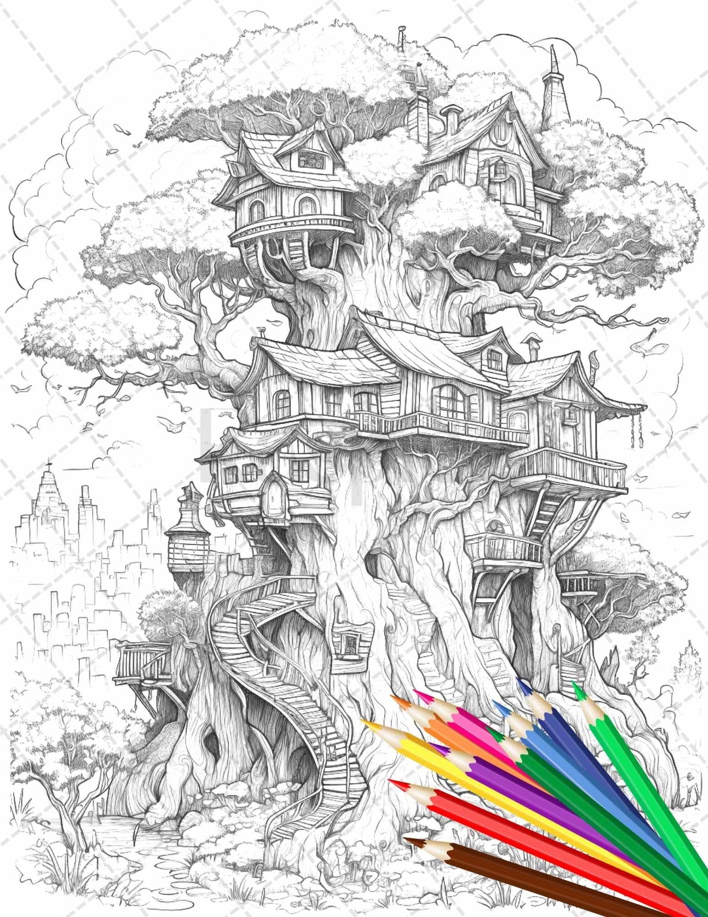 110 Enchanted Treehouse Coloring Book Printable for Adults, Grayscale Coloring Page, PDF File Instant Download