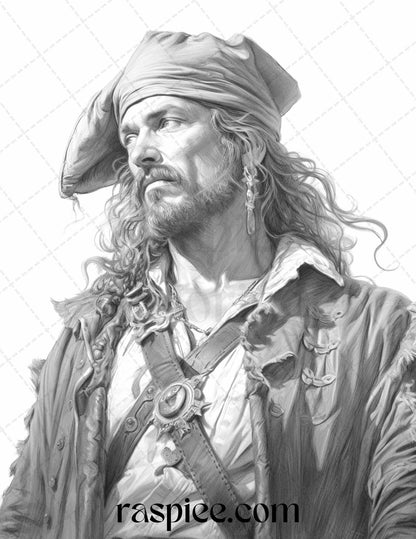 60 Pirate Life Grayscale Coloring Pages Printable for Adults, Stress Relief Coloring, PDF File Instant Download