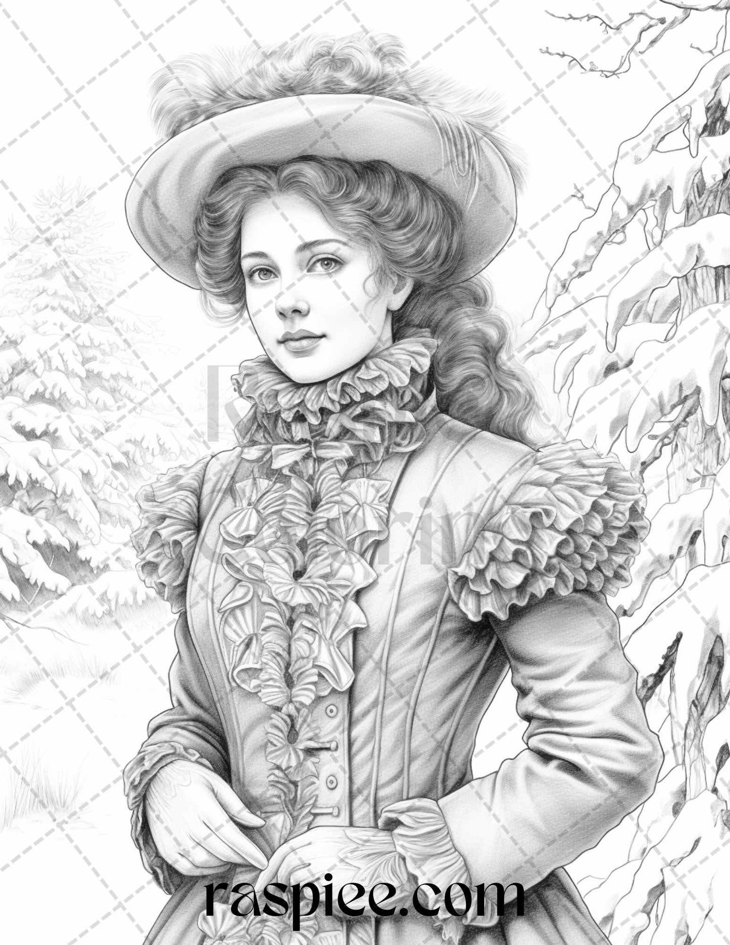 60 Victorian Winter Portrait Grayscale Coloring Pages Printable for Adults, PDF File Instant Download