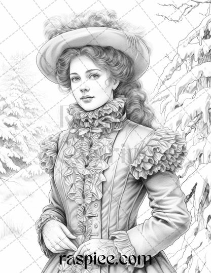 60 Victorian Winter Portrait Grayscale Coloring Pages Printable for Adults, PDF File Instant Download