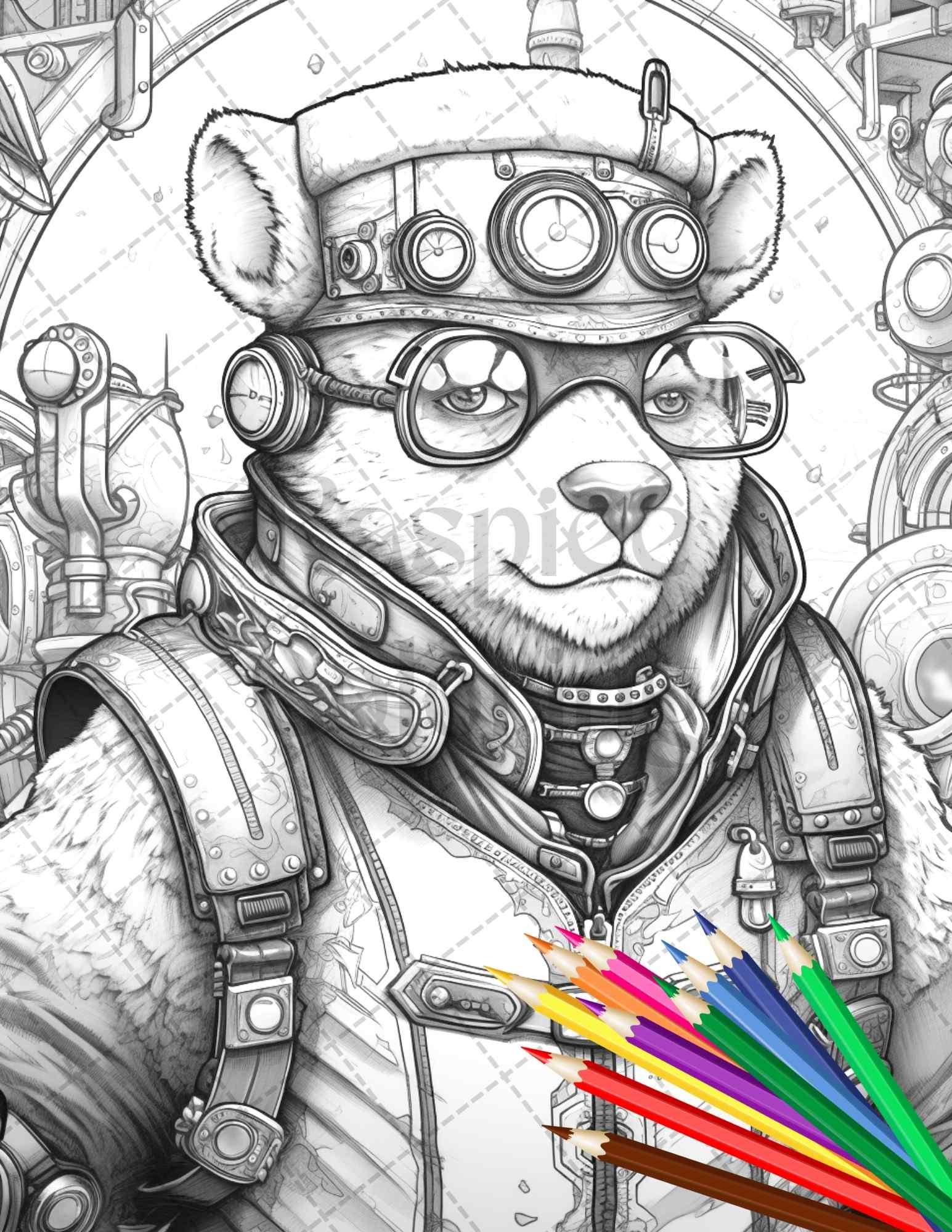 60 Steampunk Animals Grayscale Coloring Pages Printable for Adults, PDF File Instant Download