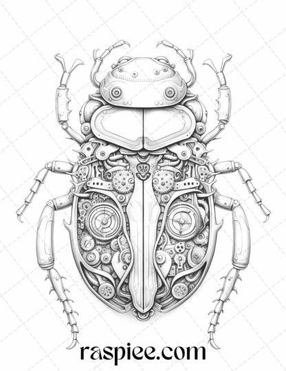 42 Steampunk Bugs Grayscale Coloring Pages Printable for Adults, PDF File Instant Download