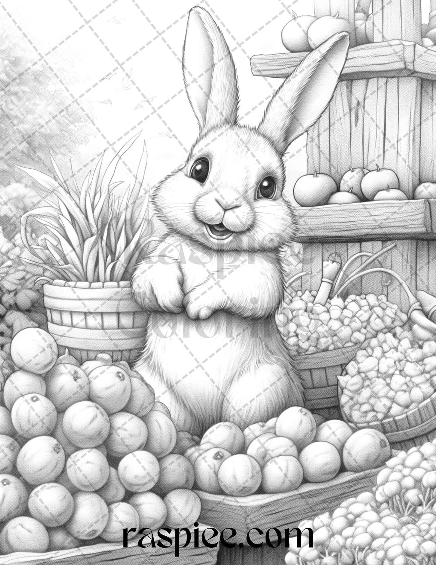 50 Rabbit Garden Grayscale Coloring Pages Printable for Adults, PDF File Instant Download