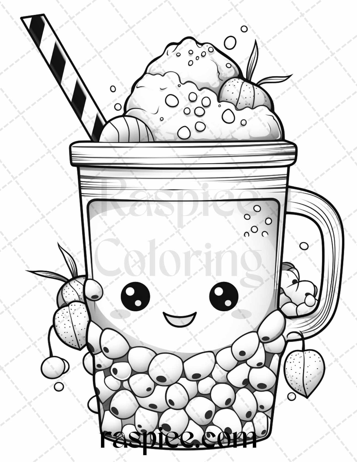 50 Cute Kawaii Boba Tea Grayscale Coloring Pages for Adults and Kids, Printable PDF File Instant Download