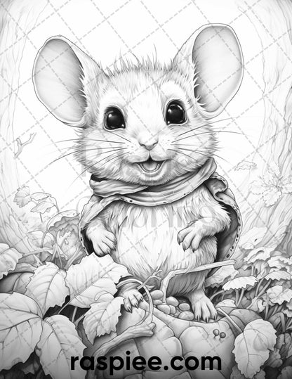 50 Enchanting Fairytale Mice Grayscale Coloring Pages Printable for Adults, PDF File Instant Download
