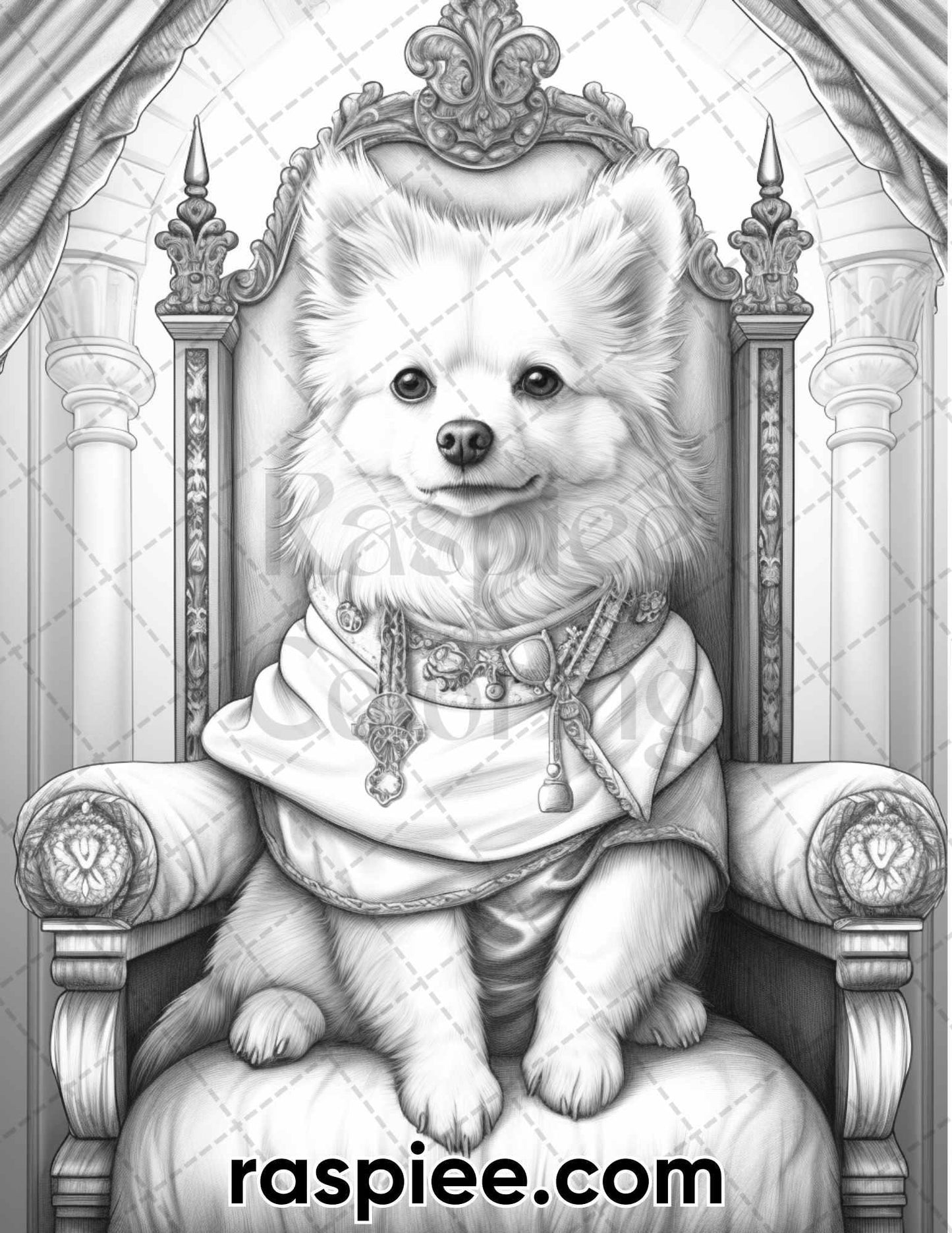 50 Royal King Dog Grayscale Coloring Pages for Adults, Printable PDF Instant Download