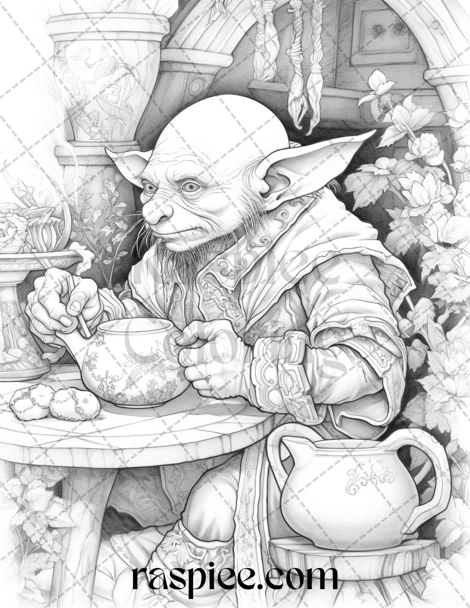 Fantasy Goblins Grayscale Coloring Pages Printable for Adults, PDF File Instant Download