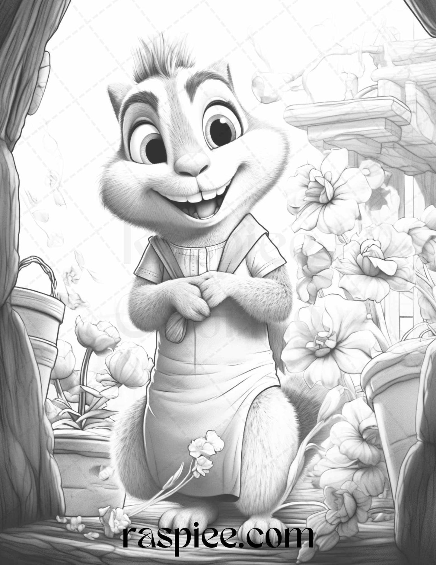 52 Adorable Squirrels Grayscale Coloring Pages Printable for Adults Kids, PDF File Instant Download