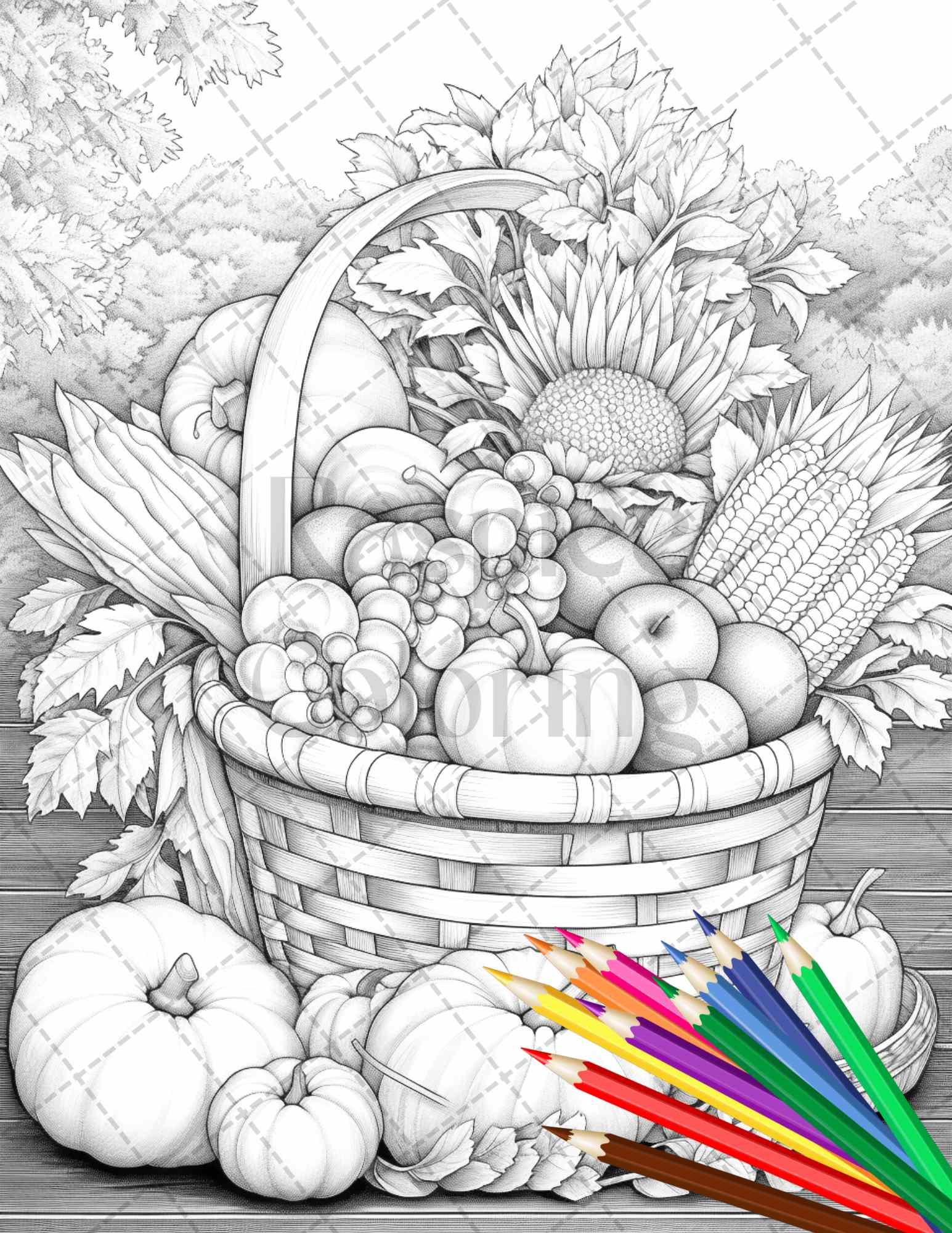 Autumn Harvest Grayscale Coloring Pages Printable for Adults, Relaxing Fall Themed Art, PDF File Instant Download