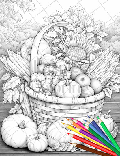Autumn Harvest Grayscale Coloring Pages Printable for Adults, Relaxing Fall Themed Art, PDF File Instant Download