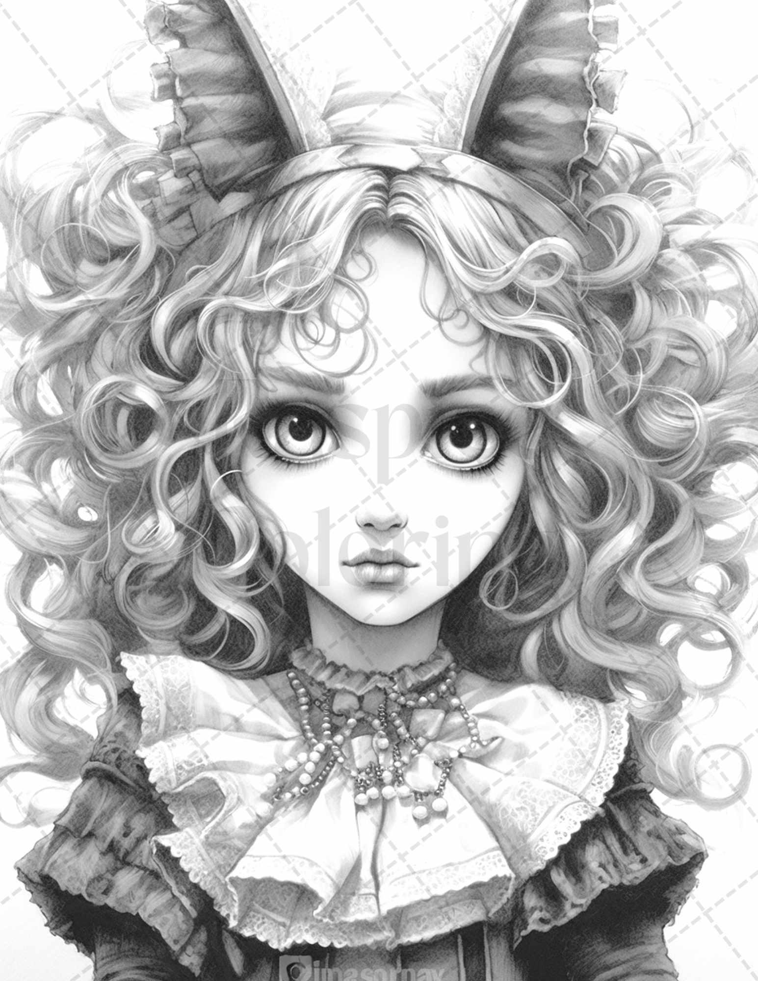 60 Adorable Gothic Girls Grayscale Coloring Pages Printable for Adults, PDF File Instant Download