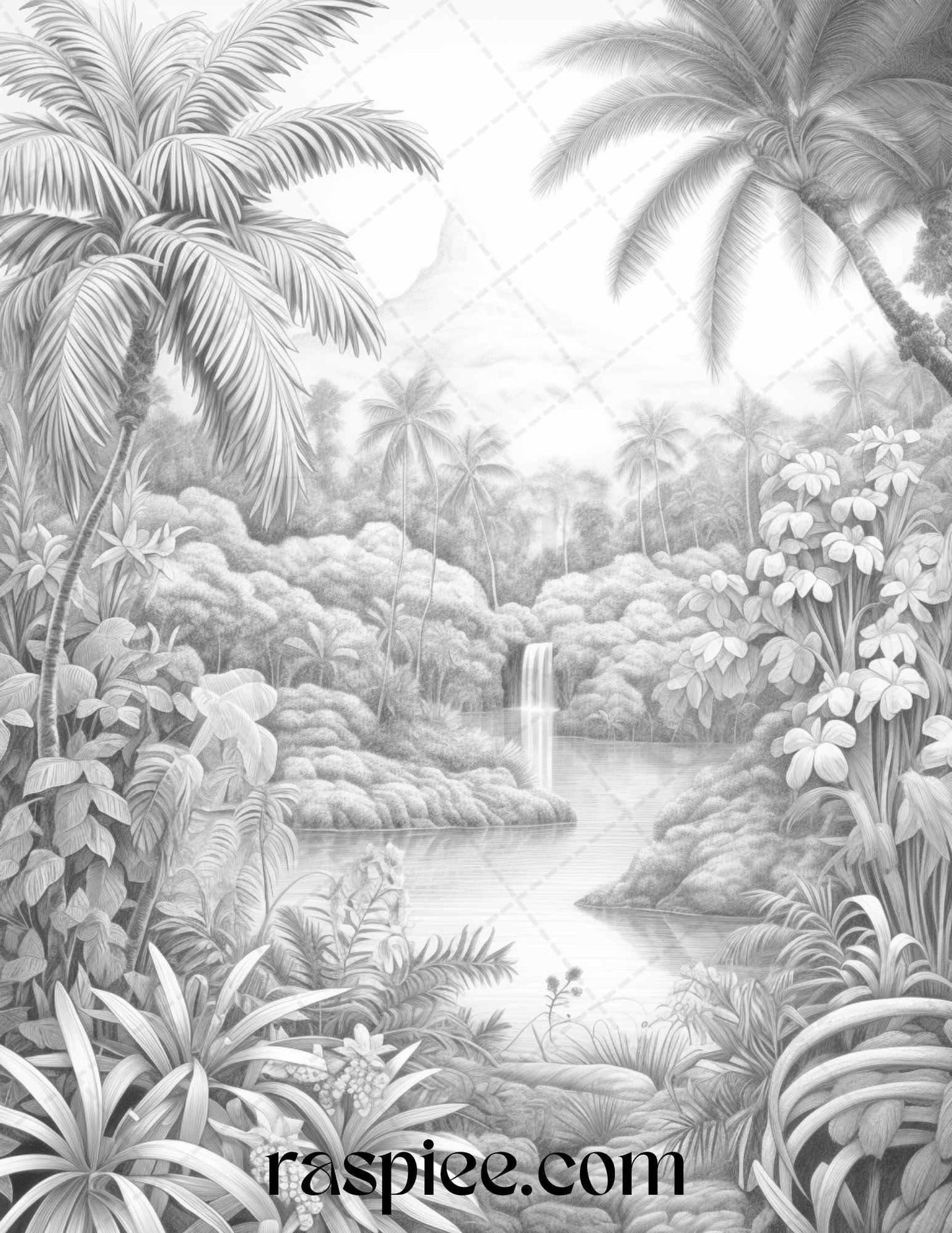 52 Tropical Oasis Grayscale Coloring Pages Printable for Adults, PDF File Instant Download