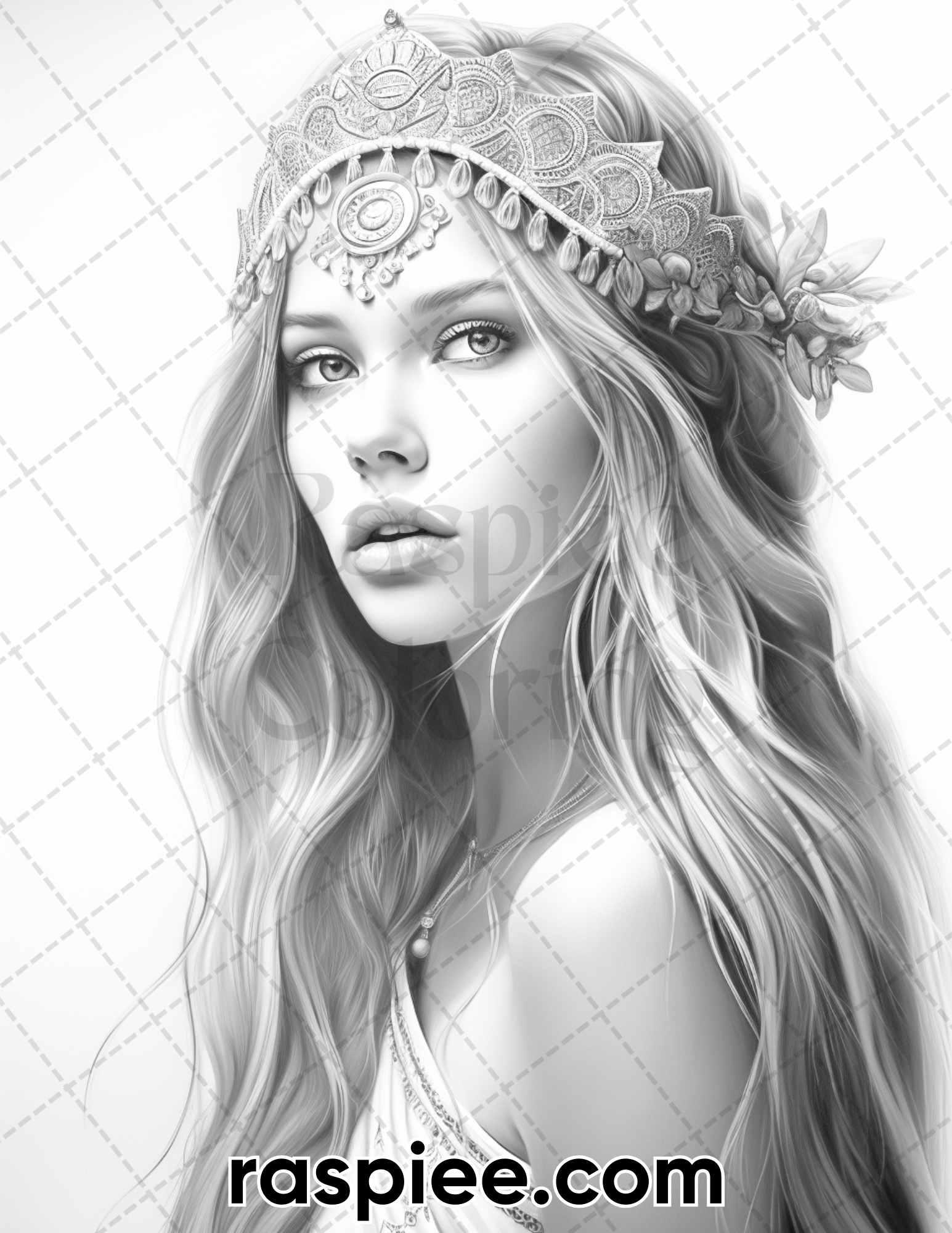 60 Bohemian Beauties Grayscale Coloring Pages for Adults, Printable PDF Instant Download