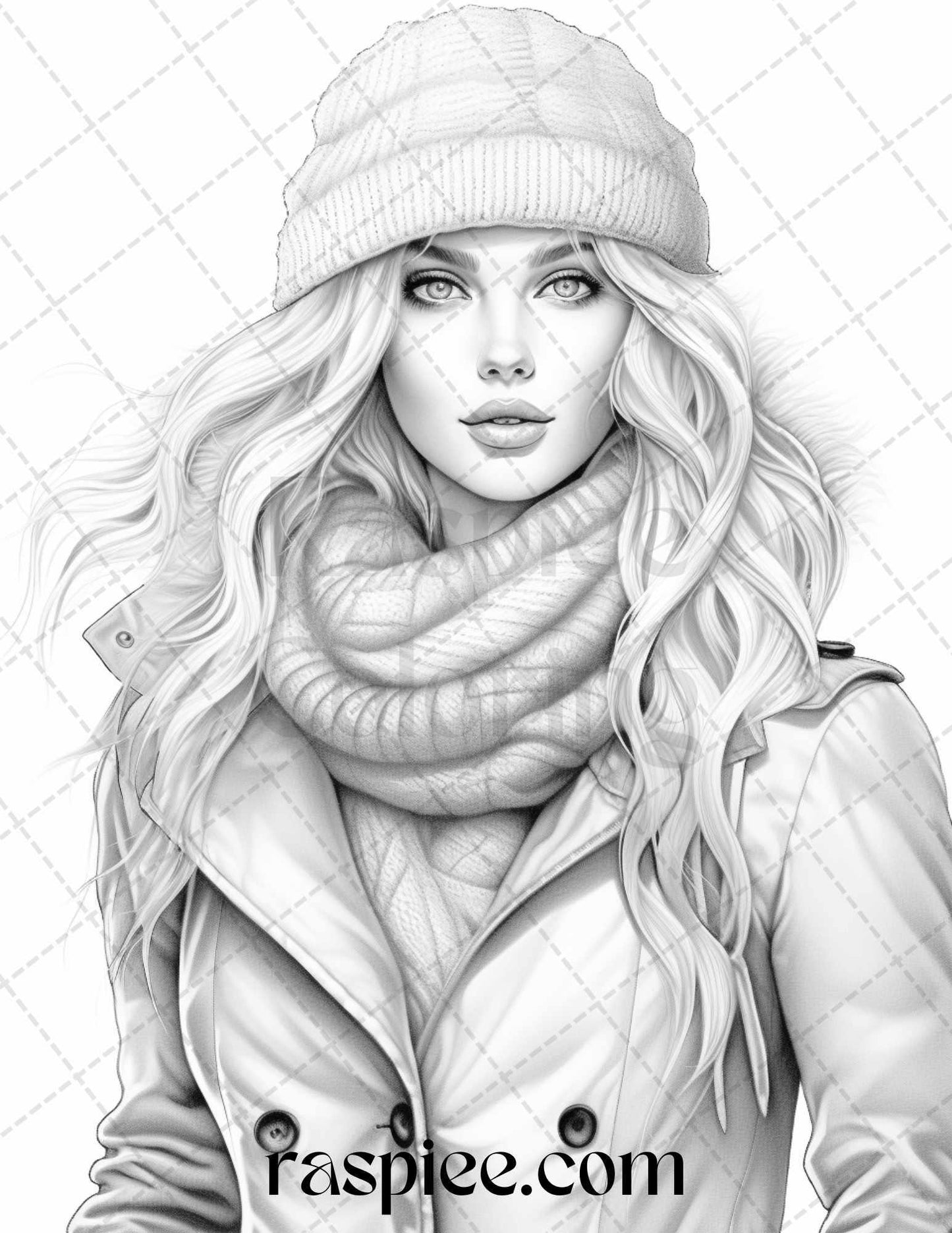 40 Winter Fashion Grayscale Coloring Pages Printable for Adults, PDF File Instant Download
