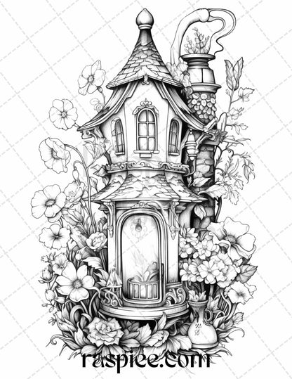 50 Lantern Fairy Houses Grayscale Coloring Pages Printable for Adults, PDF File Instant Download