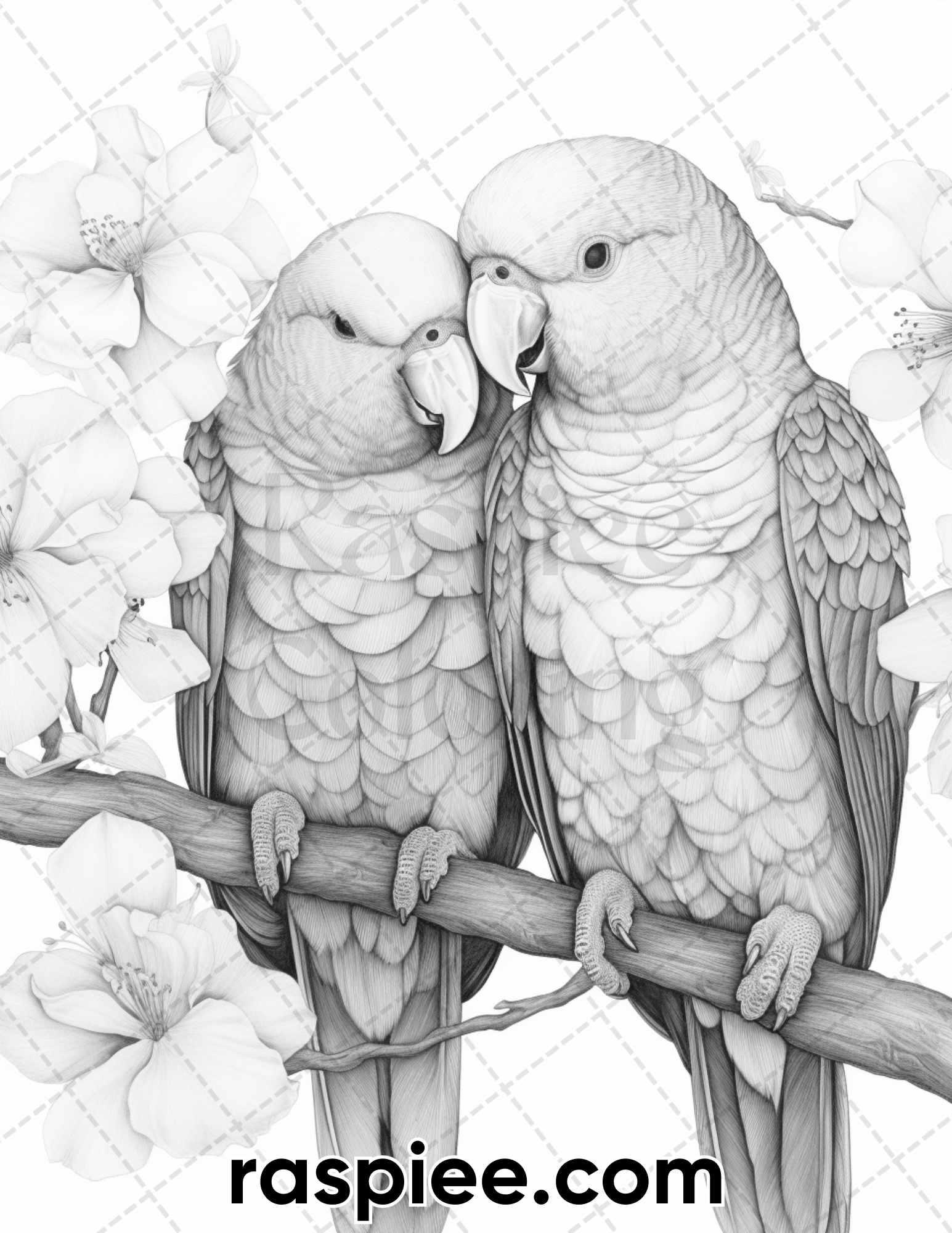 50 Lovebird Couple with Flowers Grayscale Coloring Pages for Adults, Printable PDF Instant Download