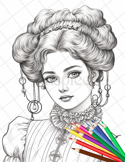 36 Beautiful Victorian Girls Coloring Pages Printable for Adults, Grayscale Coloring Page, PDF File Instant Download