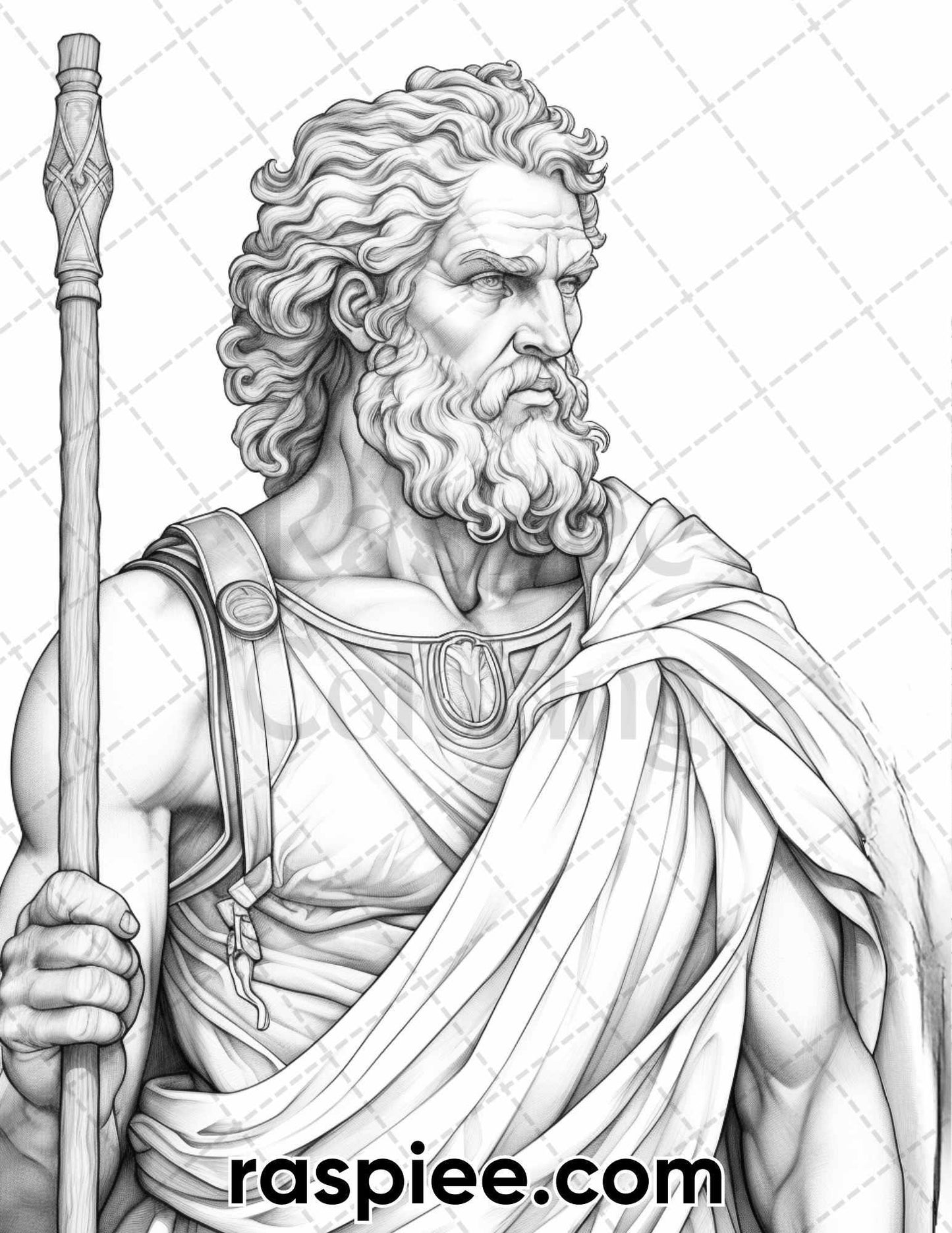 52 Mythology Gods Grayscale Coloring Pages for Adults, Printable PDF Instant Download