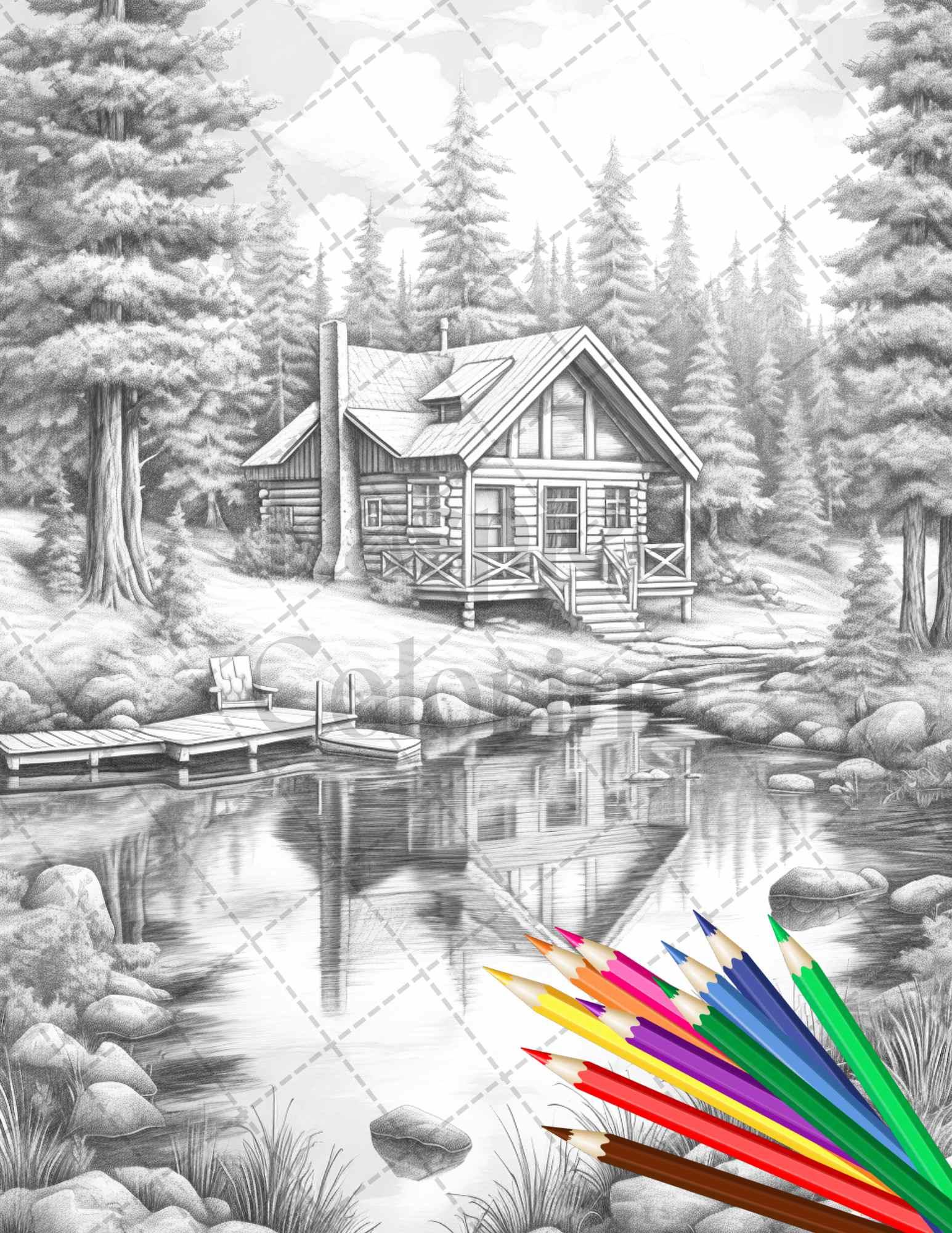 Lake Cabin Scenery Grayscale Coloring Pages Printable for Adults, PDF File Instant Download