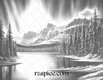 Aurora Borealis Landscape Grayscale Coloring Pages for Adults, Printable PDF File Instant Download