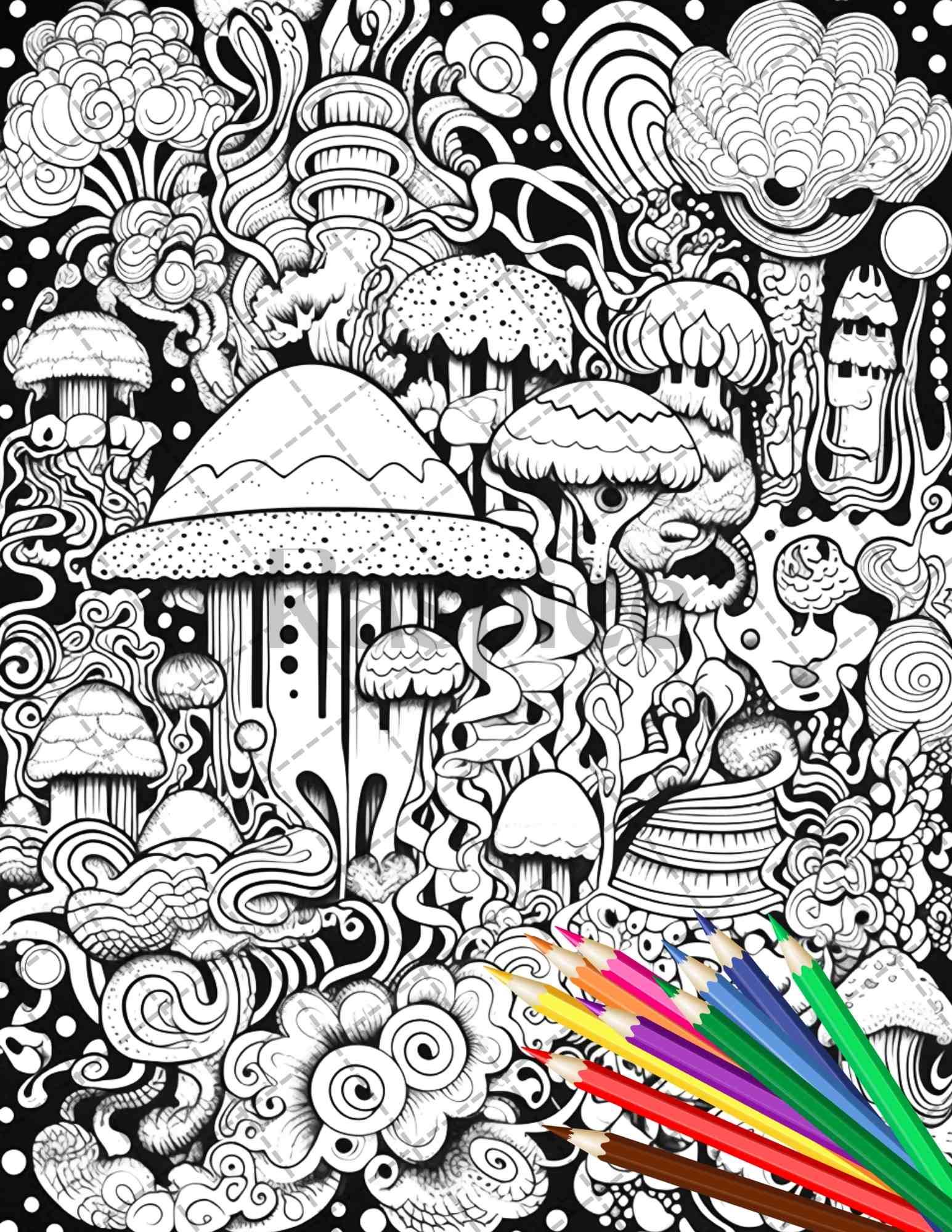 Psychedelic Trippy Coloring Book Printable for Adults, Grayscale Coloring Page, PDF File Instant Download