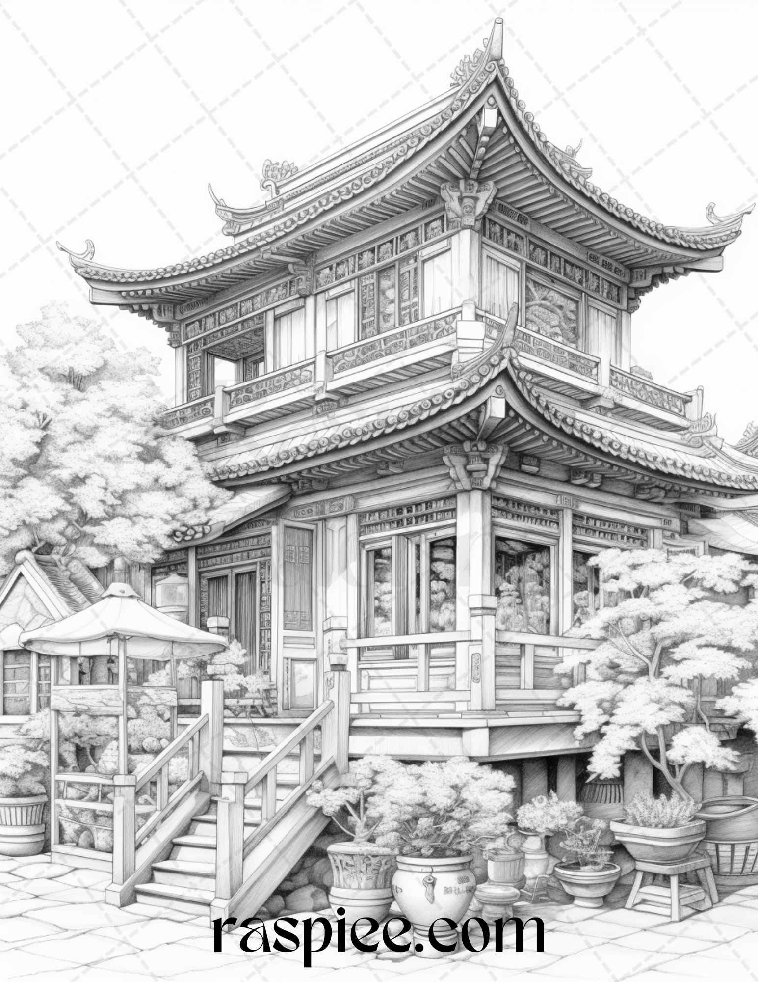 40 Traditional Chinese Houses Grayscale Coloring Pages Printable for Adults, PDF File Instant Download