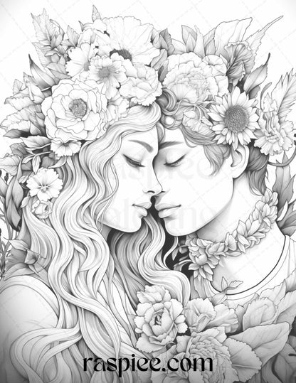 50 Romantic Couple Flowers Grayscale Coloring Pages Printable for Adults, PDF File Instant Download