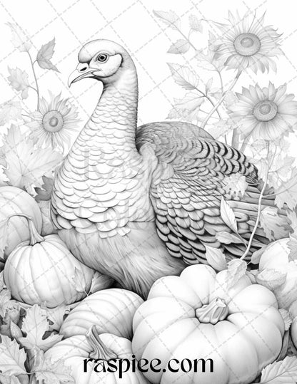 Autumn Animals Grayscale Coloring Pages for Adults and Kids, Printable PDF File Instant Download