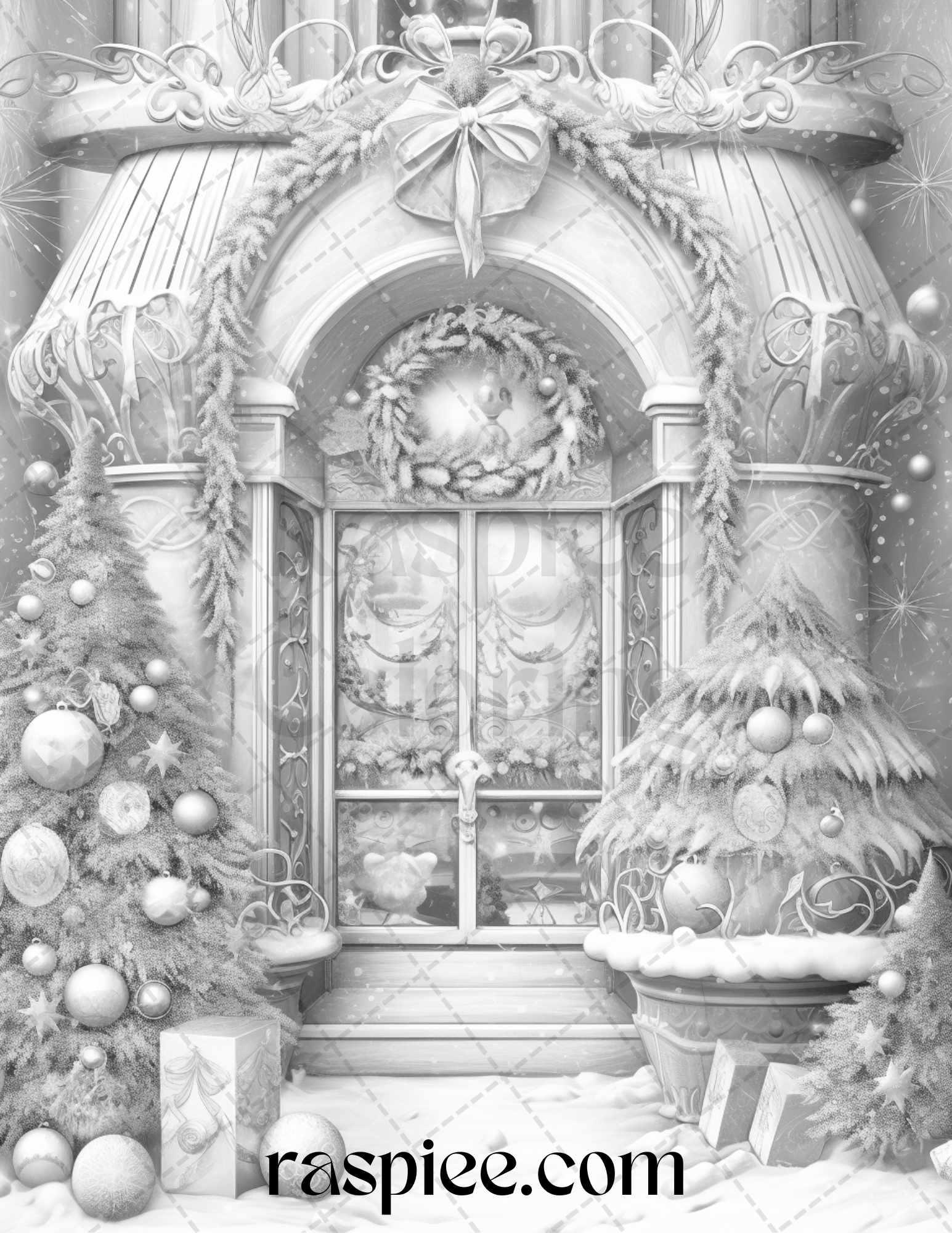 Christmas Store Front Grayscale Coloring Pages for Adults, PDF Printable Instant Download