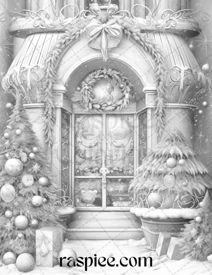 Christmas Store Front Grayscale Coloring Pages for Adults, PDF Printable Instant Download