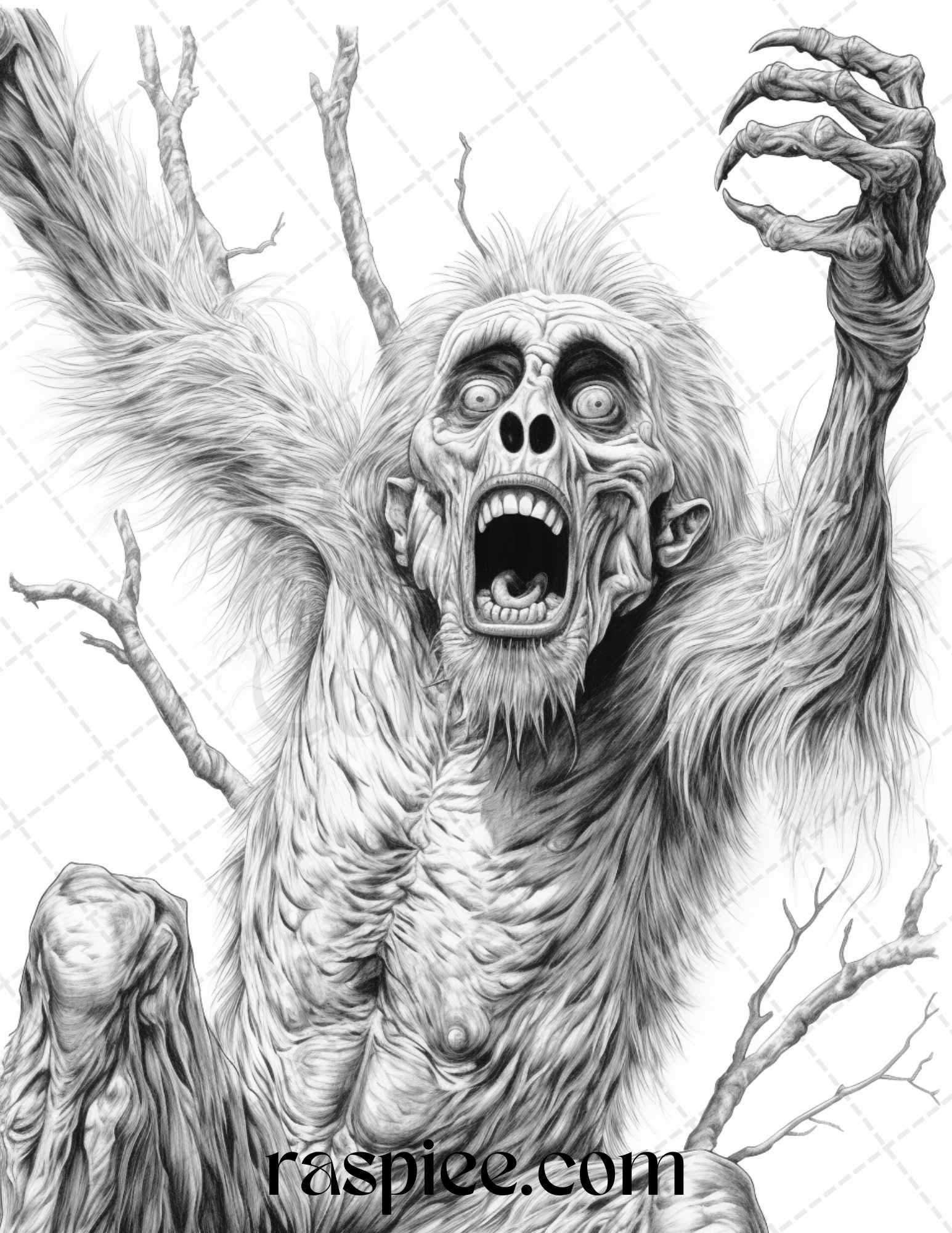 66 Horror Zombie Animals Grayscale Coloring Pages Printable for Adults, PDF File Instant Download