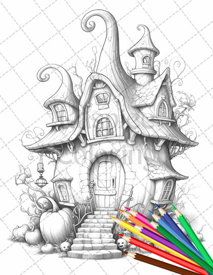 40 Pumpkin Fairy Houses Grayscale Coloring Pages Printable for Adults, PDF File Instant Download