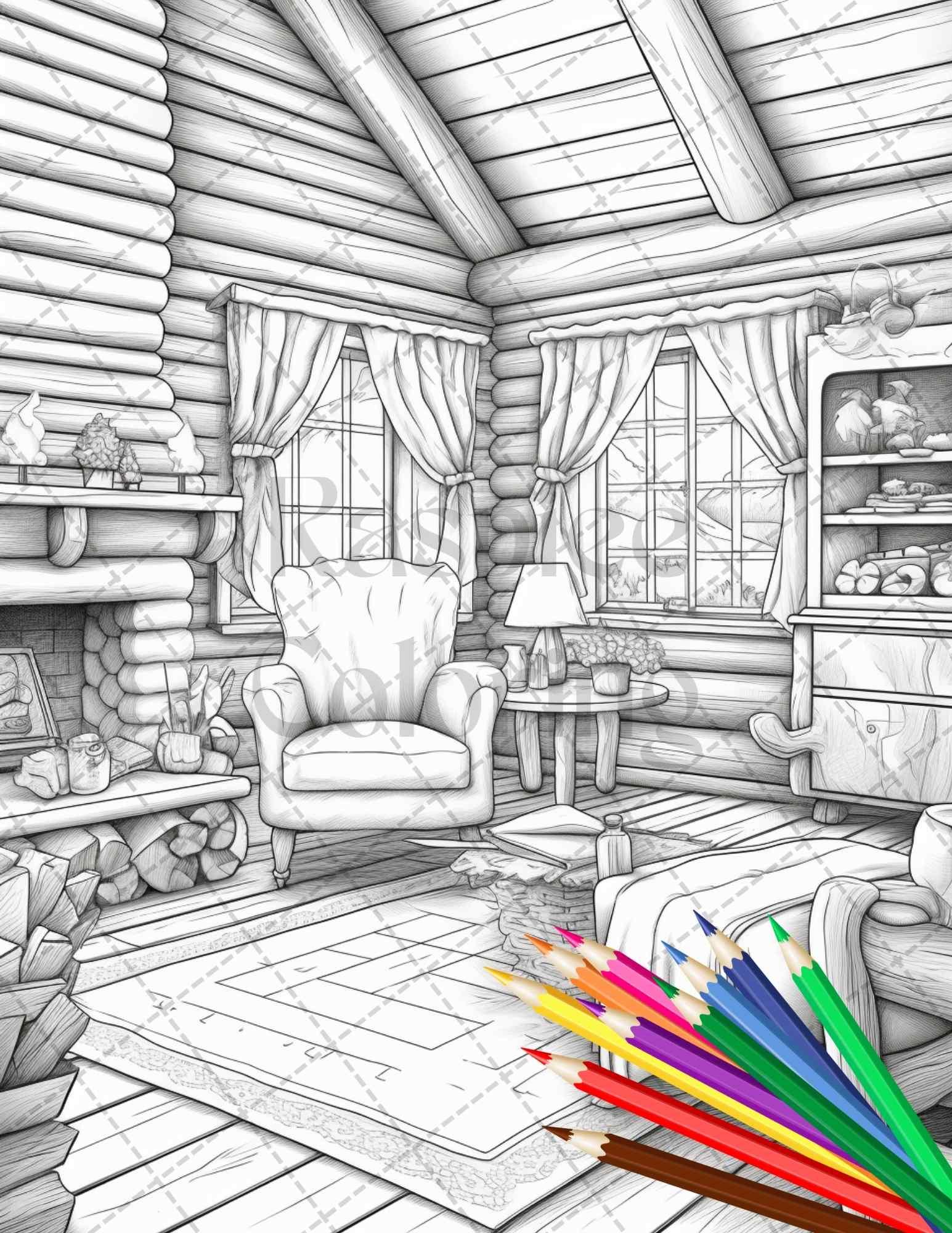 Cozy Cabin Interior Grayscale Coloring Pages Printable for Adults, PDF File Instant Download