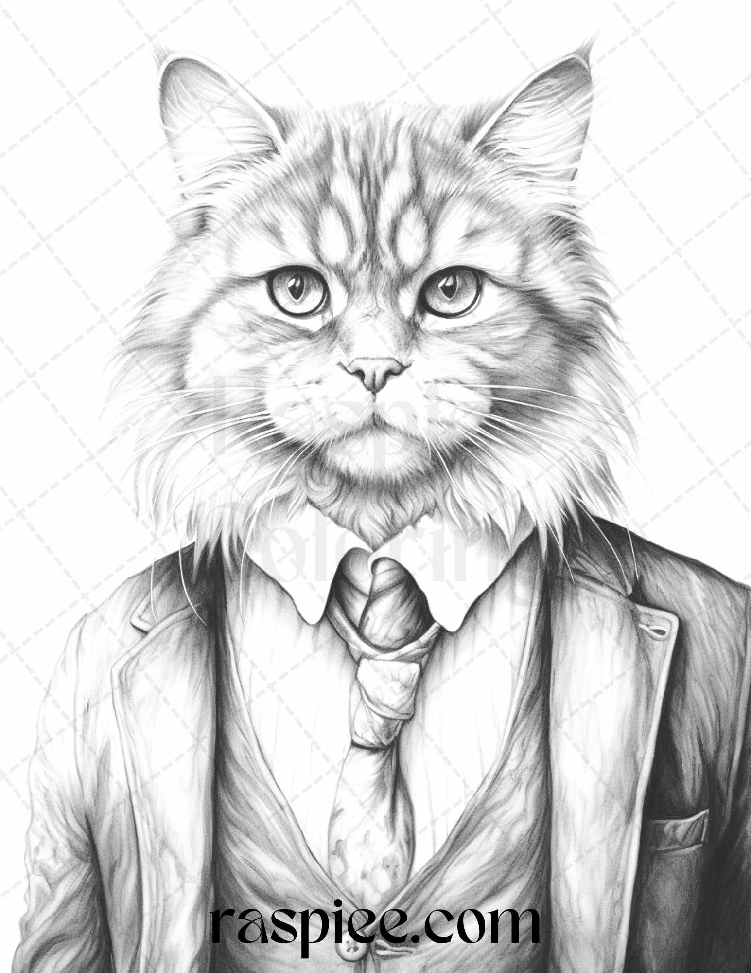 Gentleman Cat Grayscale Coloring Pages Printable for Adults Kids, PDF File Instant Download