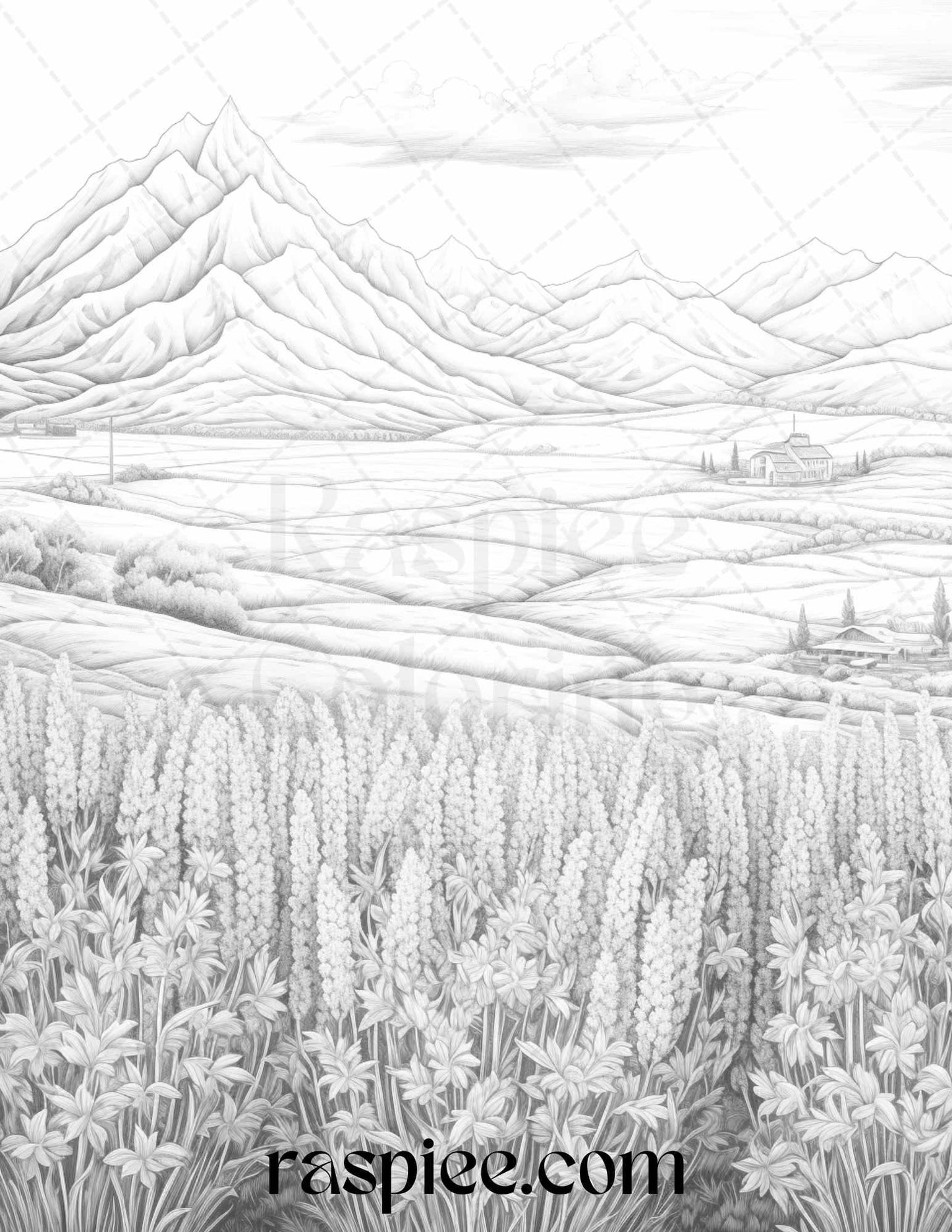 60 Mountain Flower Landscapes Grayscale Coloring Pages Printable for Adults, PDF File Instant Download