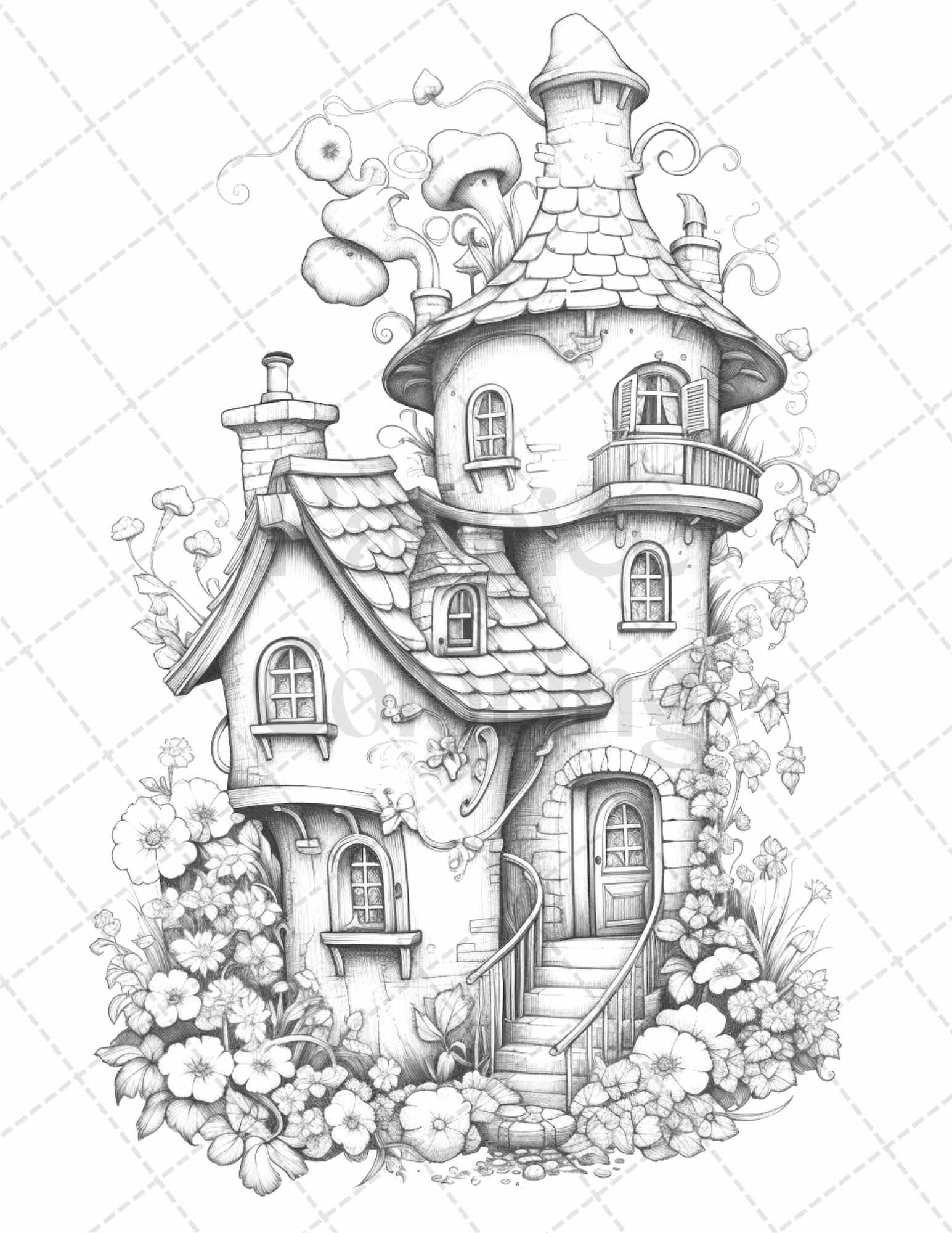 60 Flower Houses Grayscale Coloring Pages Printable for Adults, PDF File Instant Download