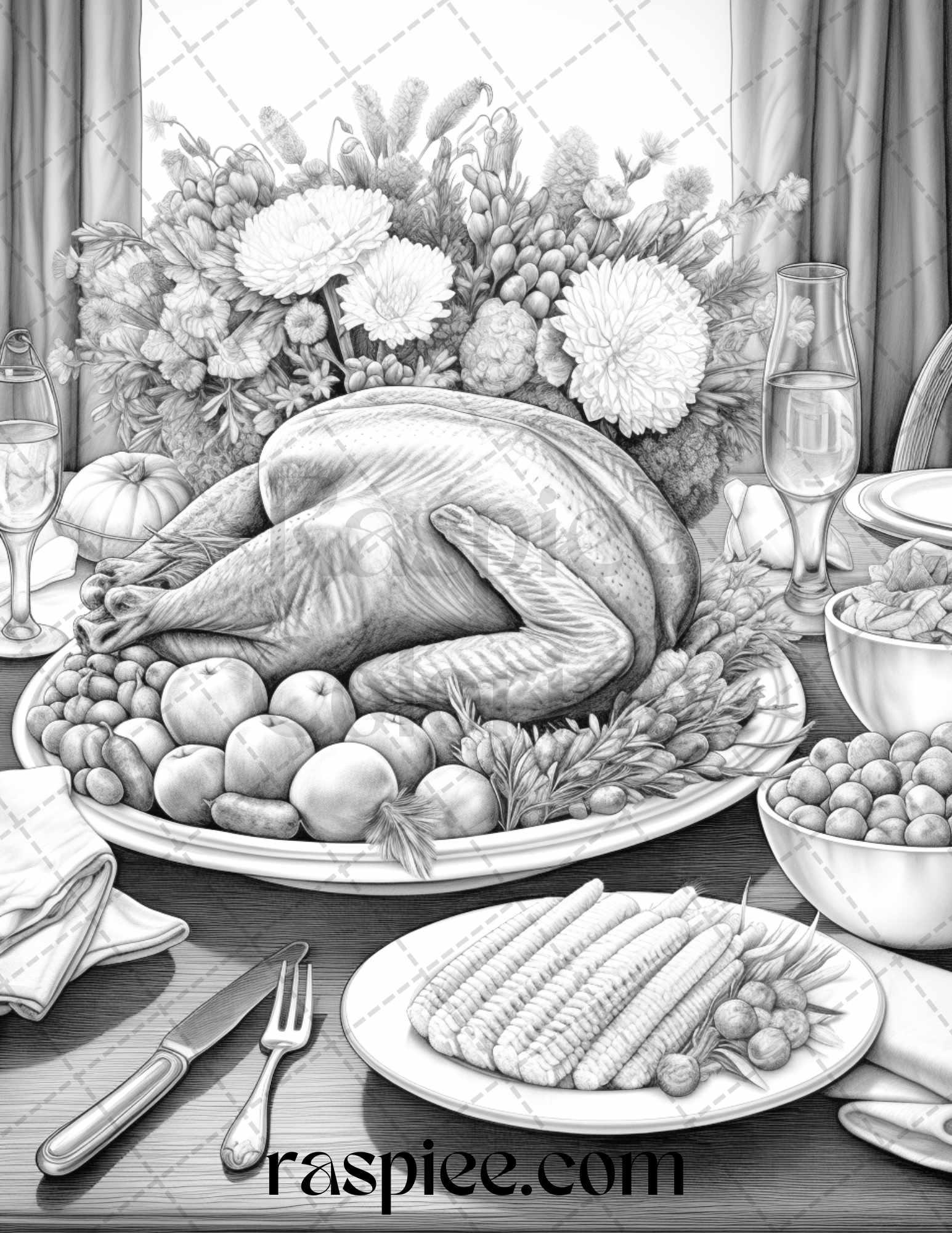 Thanksgiving Dinner Grayscale Coloring Pages for Adults, Relaxing Fall Coloring Sheets, Printable PDF File Instant Download