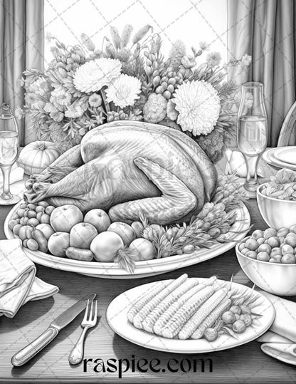 Thanksgiving Dinner Grayscale Coloring Pages for Adults, Relaxing Fall Coloring Sheets, Printable PDF File Instant Download