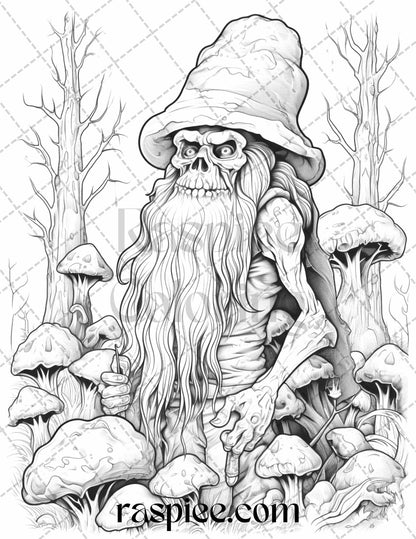 50 Horror Zombie Gnomes Grayscale Coloring Pages Printable for Adults, PDF File Instant Download