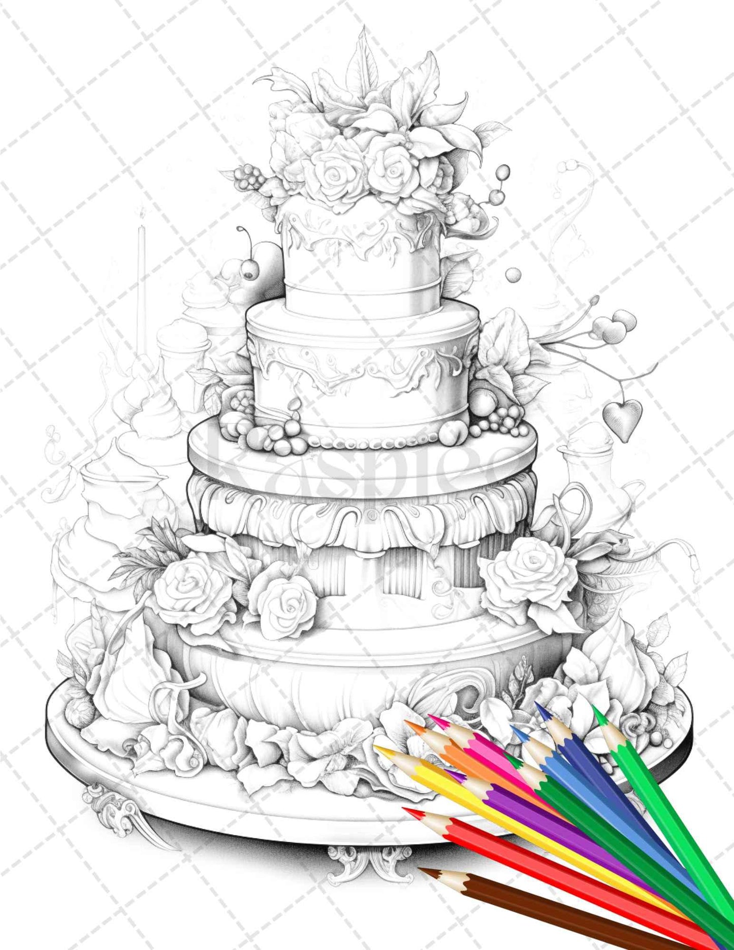 38 Whimsical Cakes Grayscale Coloring Pages for Adults, PDF File Instant Download