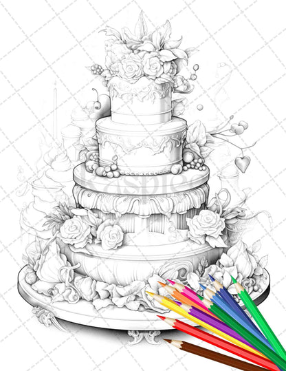 38 Whimsical Cakes Grayscale Coloring Pages for Adults, PDF File Instant Download