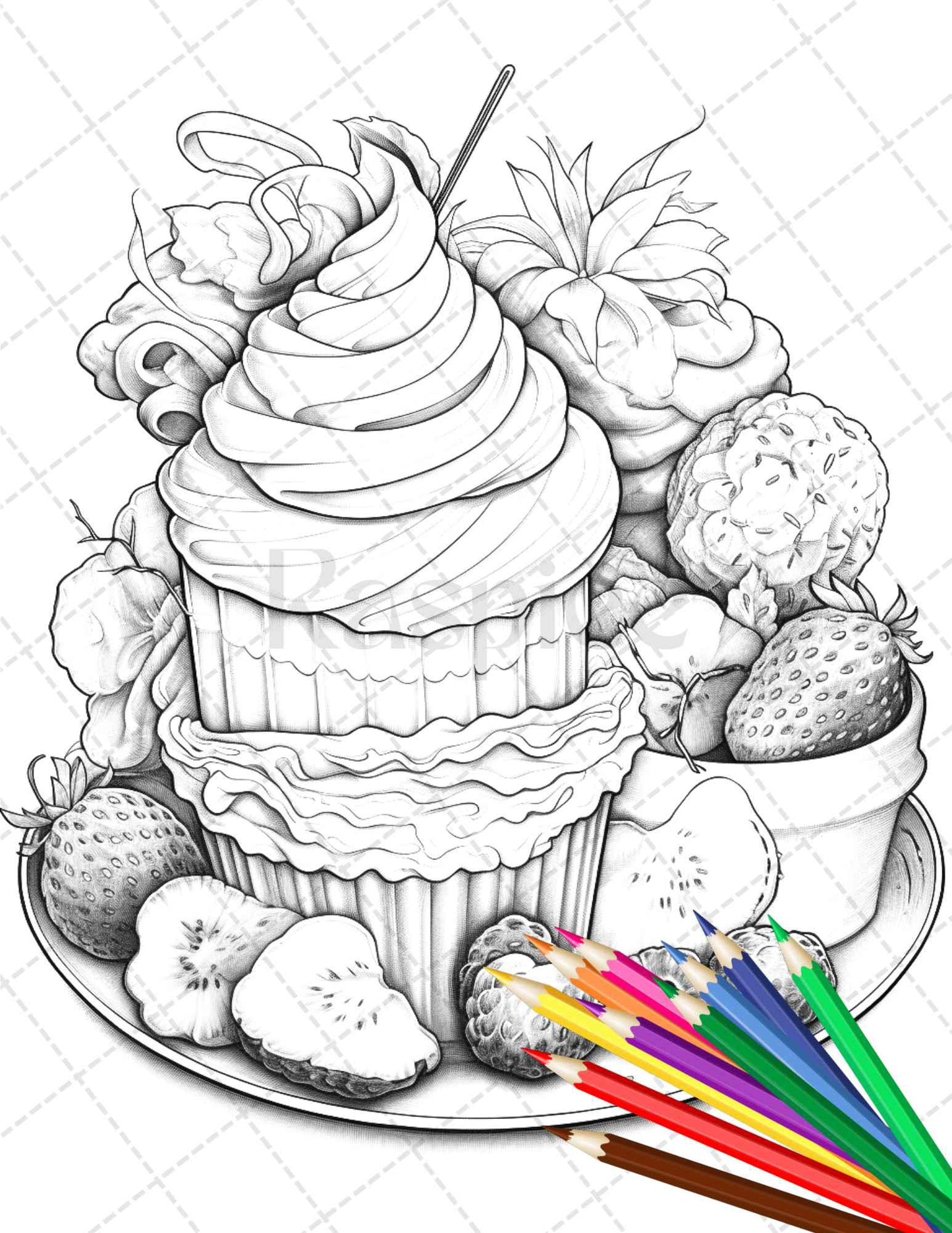 36 Sweet Desserts Coloring Pages Printable for Adults, Grayscale Coloring Page, PDF File Instant Download
