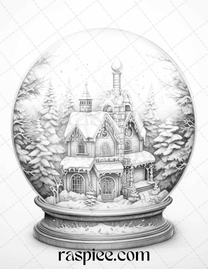 Cozy Cabin in Snow Globe Grayscale Coloring Pages Printable for Adults, PDF File Instant Download