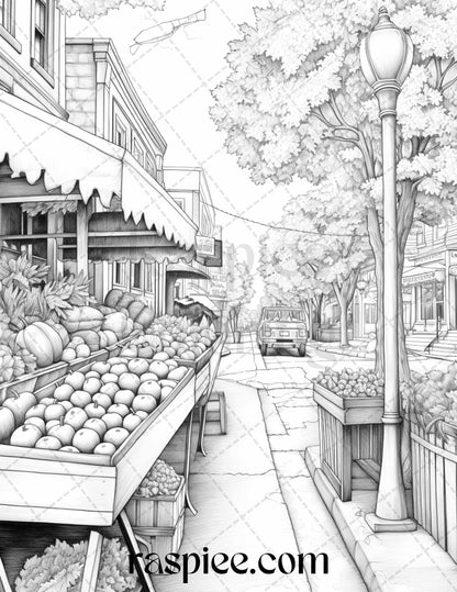 Autumn Street Markets Grayscale Coloring Pages for Adults, Printable PDF File Instant Download
