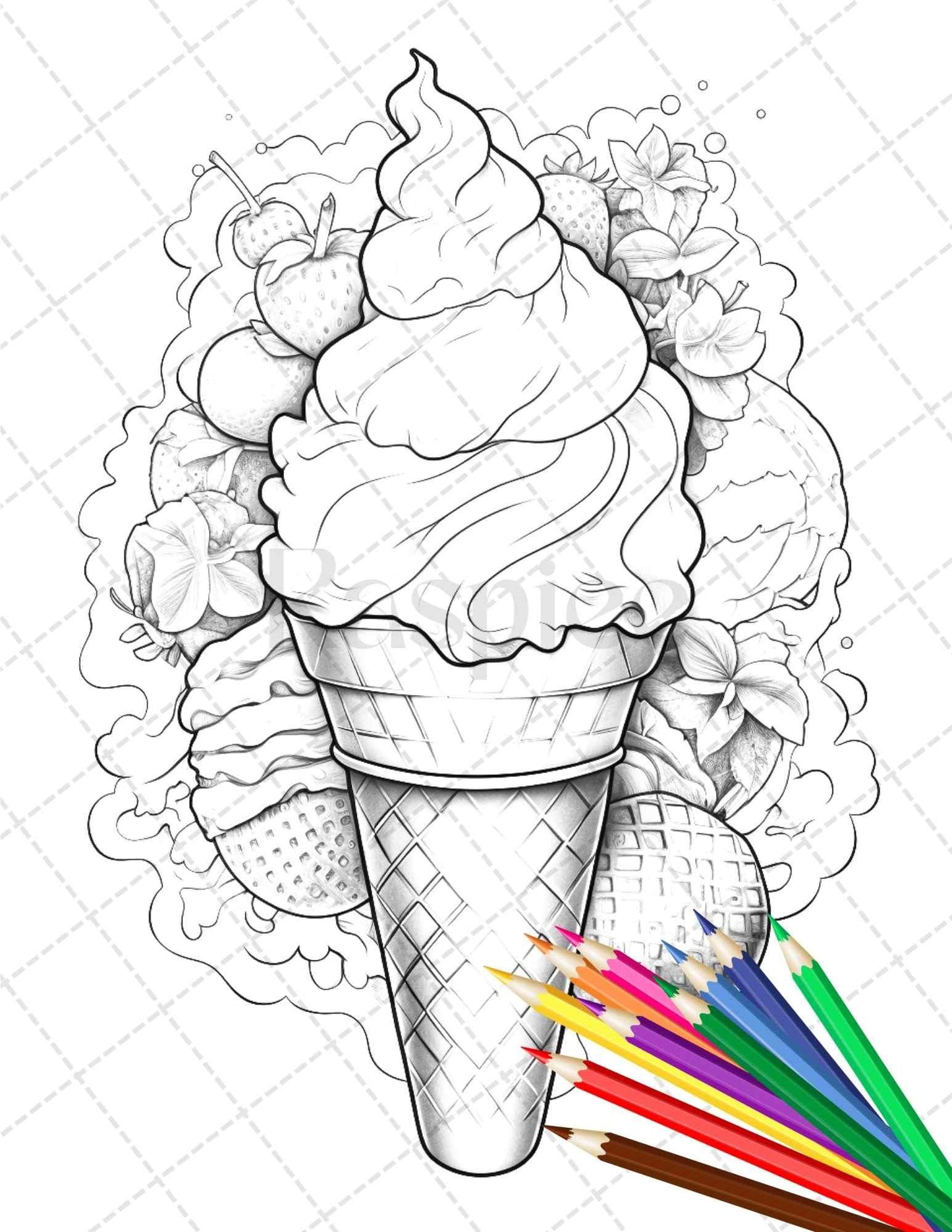 52 Printable Ice Cream Desserts Coloring Pages for Adults and Kids, Grayscale Coloring Page, PDF File Instant Download