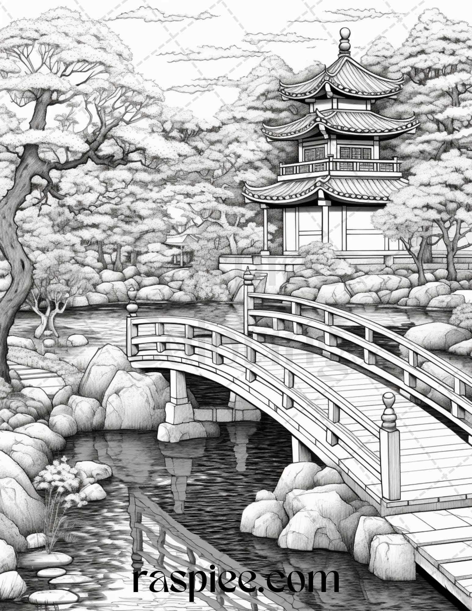 Japanese Garden Grayscale Coloring Pages Printable for Adults, PDF File Instant Download