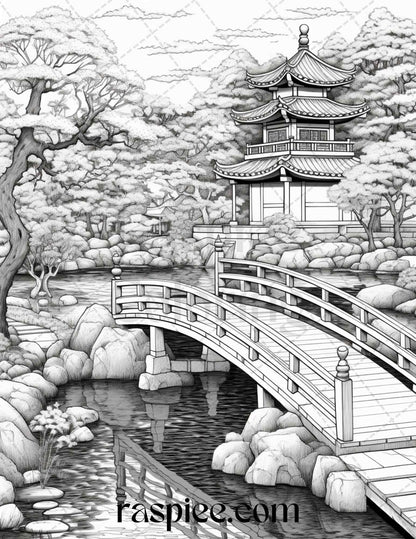 Japanese Garden Grayscale Coloring Pages Printable for Adults, PDF File Instant Download
