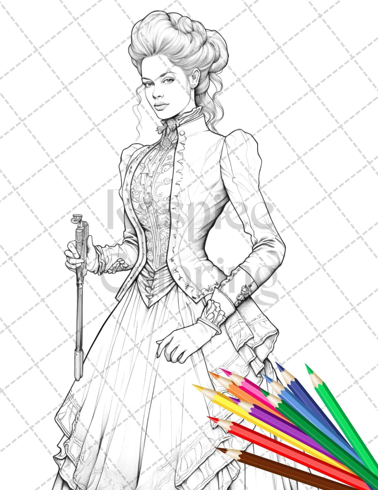 50 Victorian Fashion Grayscale Coloring Pages Printable for Adults, PDF File Instant Download