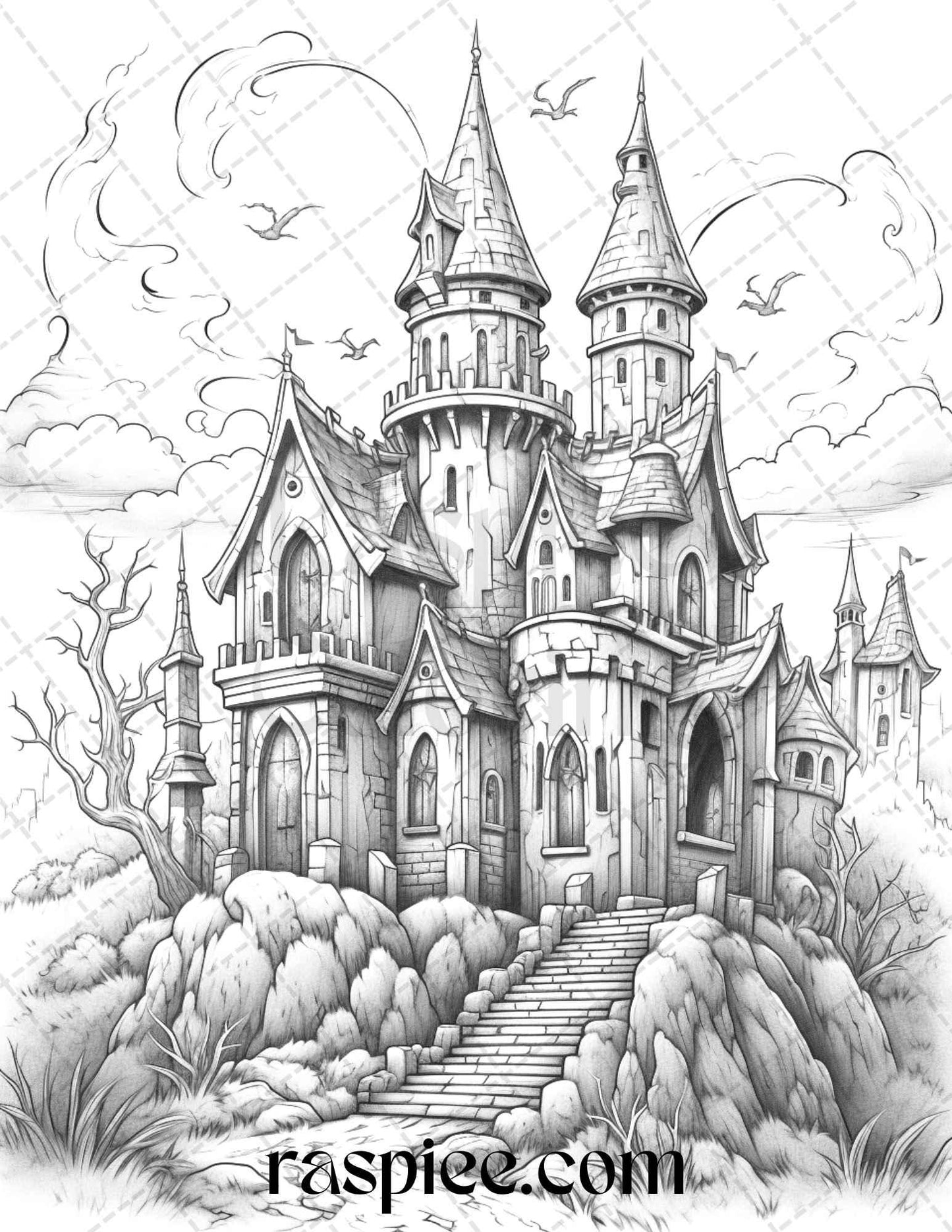 50 Haunted Castles Grayscale Coloring Pages Printable, Halloween Coloring Book, PDF File Instant Download