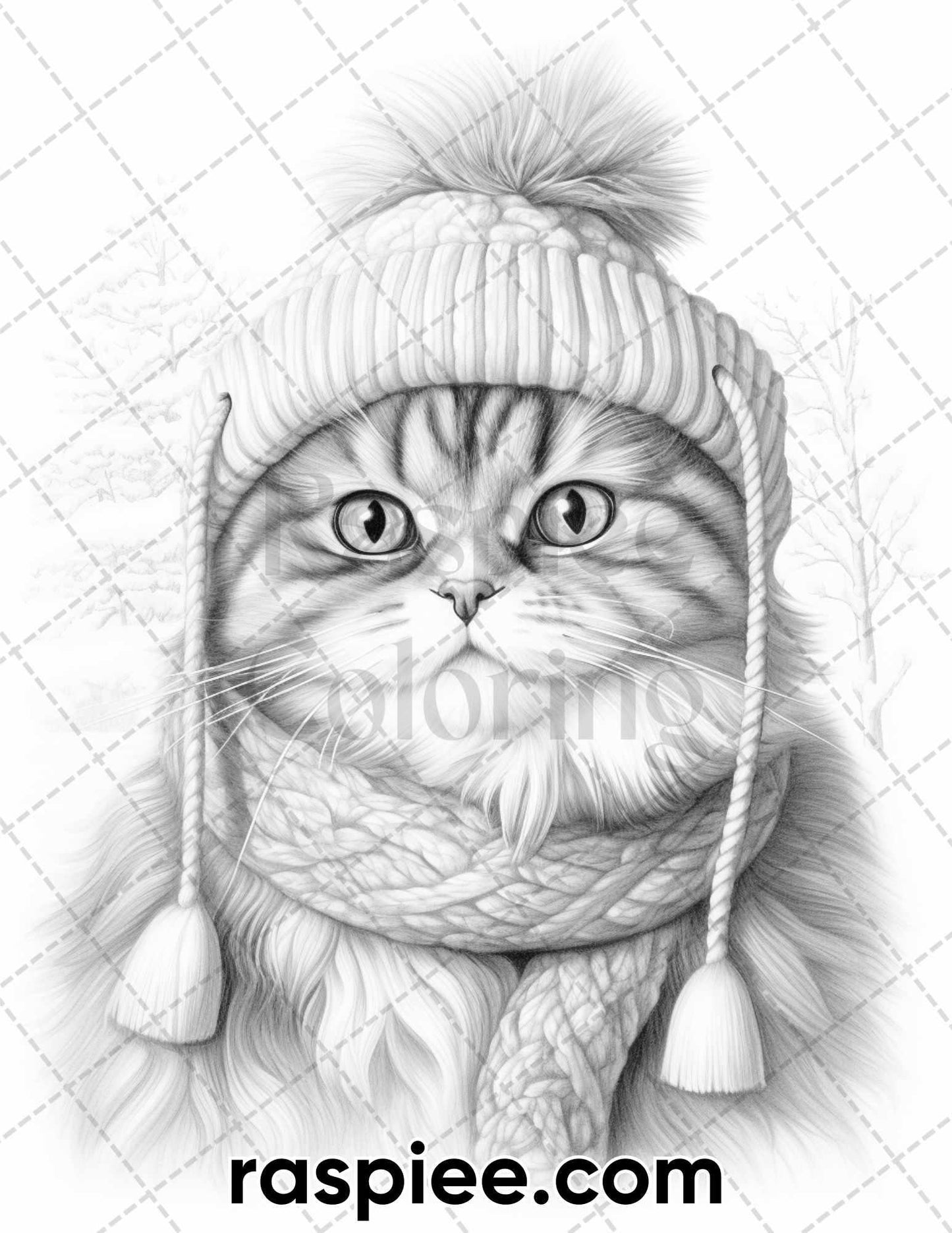 40 Christmas Cats Grayscale Coloring Pages for Adults, Printable PDF Instant Download